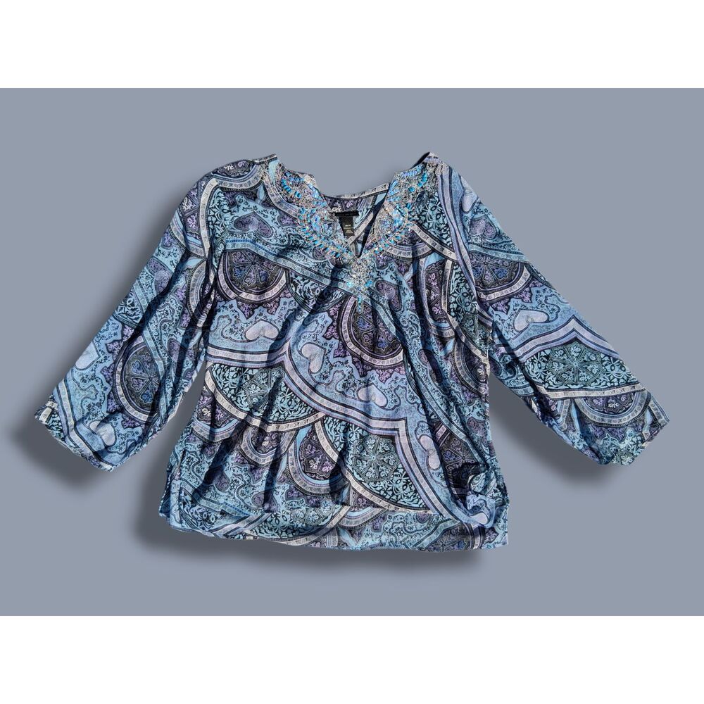 LANE BRYANT 26 28 Blue Bohemian Chic Retro Sheer Top with Ornate Neckline Decor